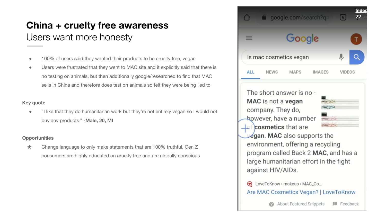 The credibility gap. 100% wanted cruelty-free and vegan products; users left the site to verify the claim, fou