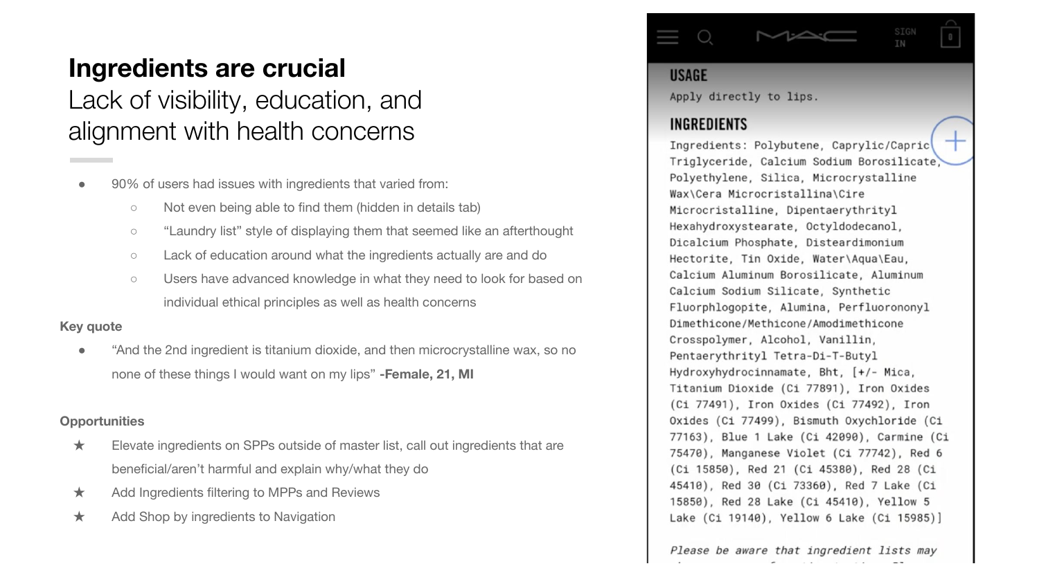 Ingredients, the finding that moved fastest. 90% of users hit a problem: buried in a details tab, presented as
