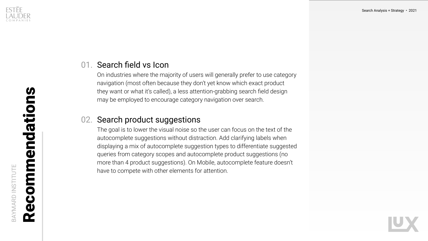 Baymard-derived recommendations on search entry point and product suggestions