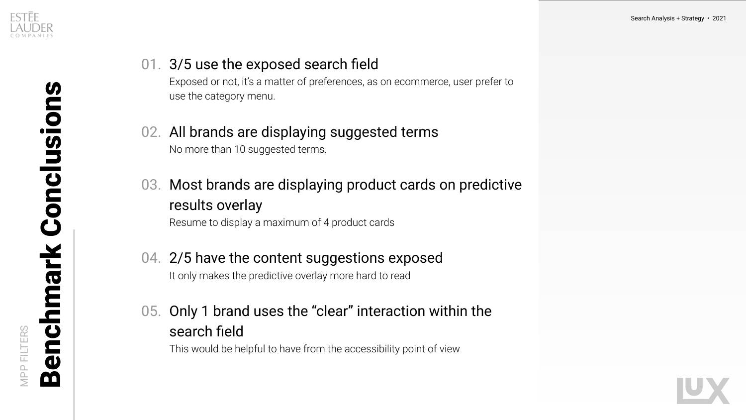Five benchmark conclusions summarizing the competitive scan