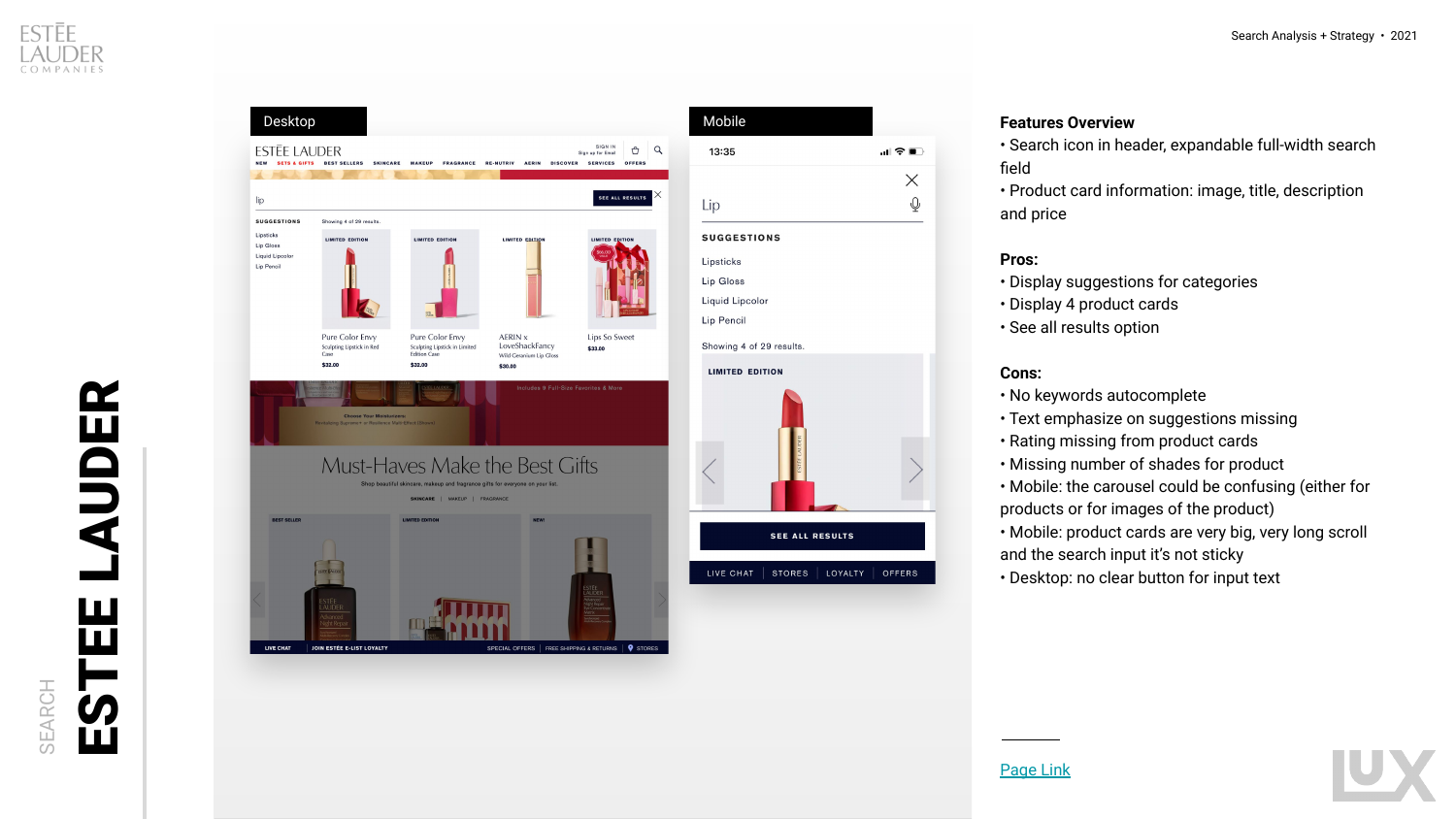Desktop and mobile search overlay compared side by side, with pros and cons listed for each viewport
