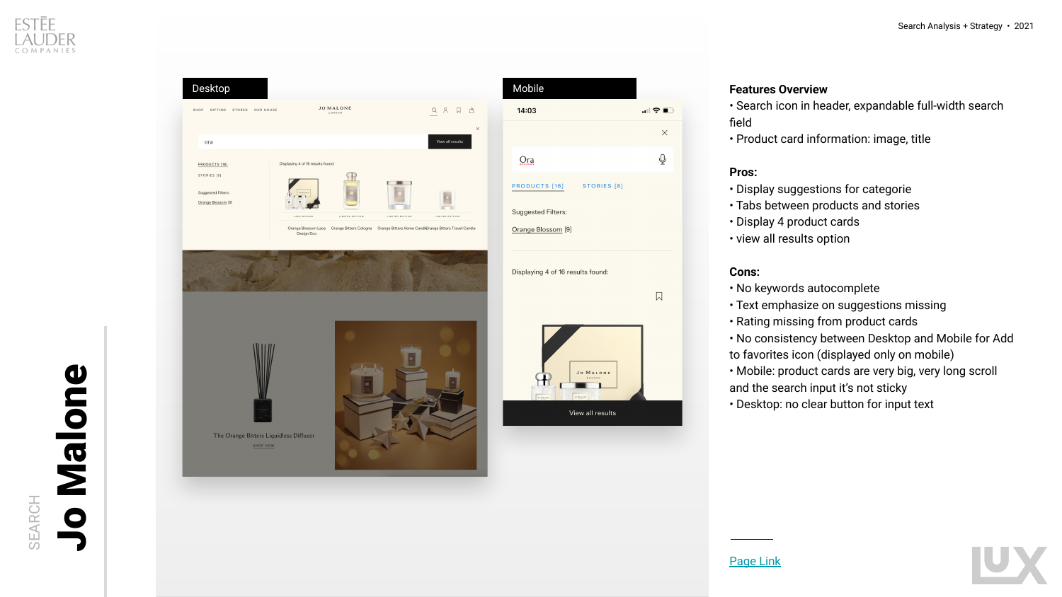 A second brand's desktop and mobile search overlay compared, showing inconsistency between viewports