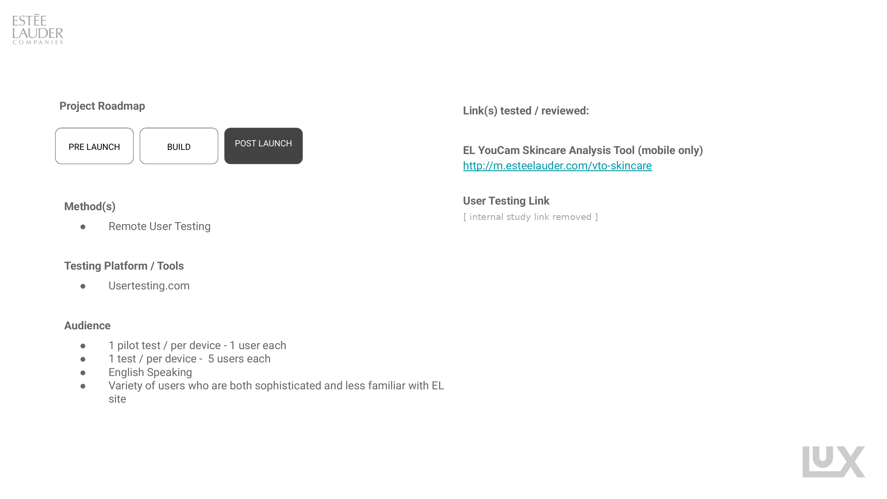 Study methodology showing the post-launch position, remote user testing method, platform, and audience composition