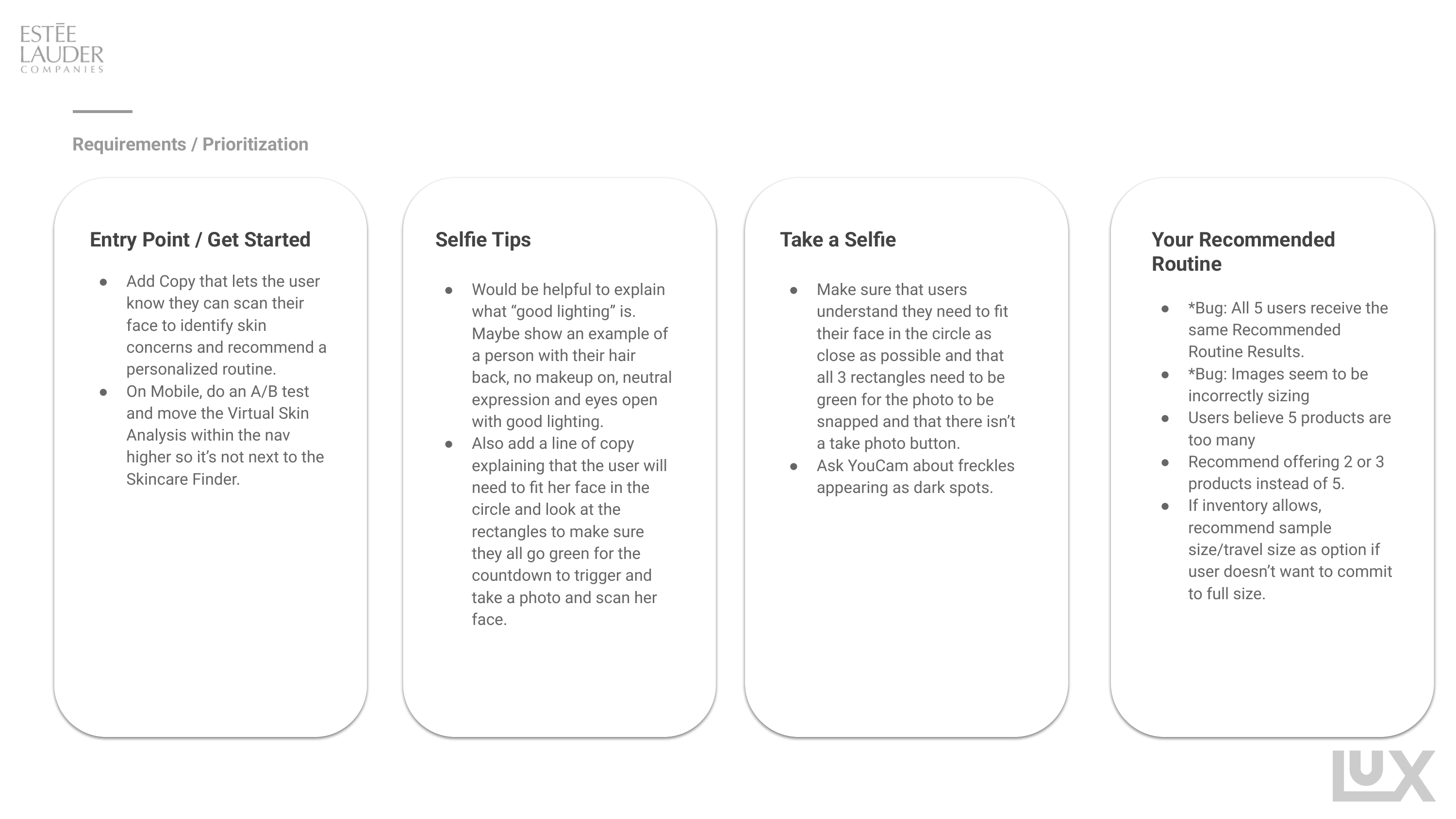 Prioritized requirements grouped by screen: entry point, selfie tips, capture, and recommended routine