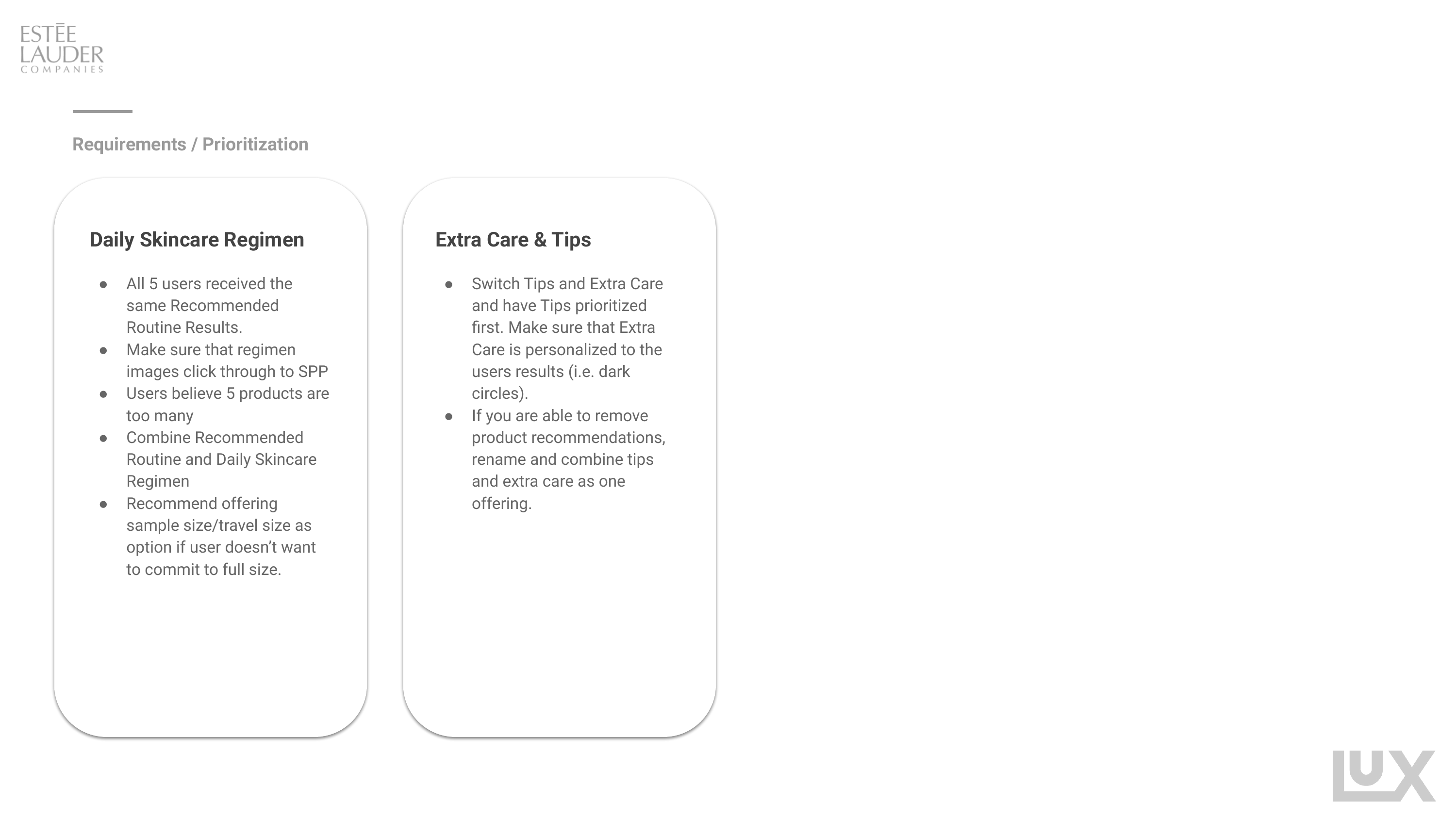 Prioritized requirements for the daily regimen and the supporting content sections