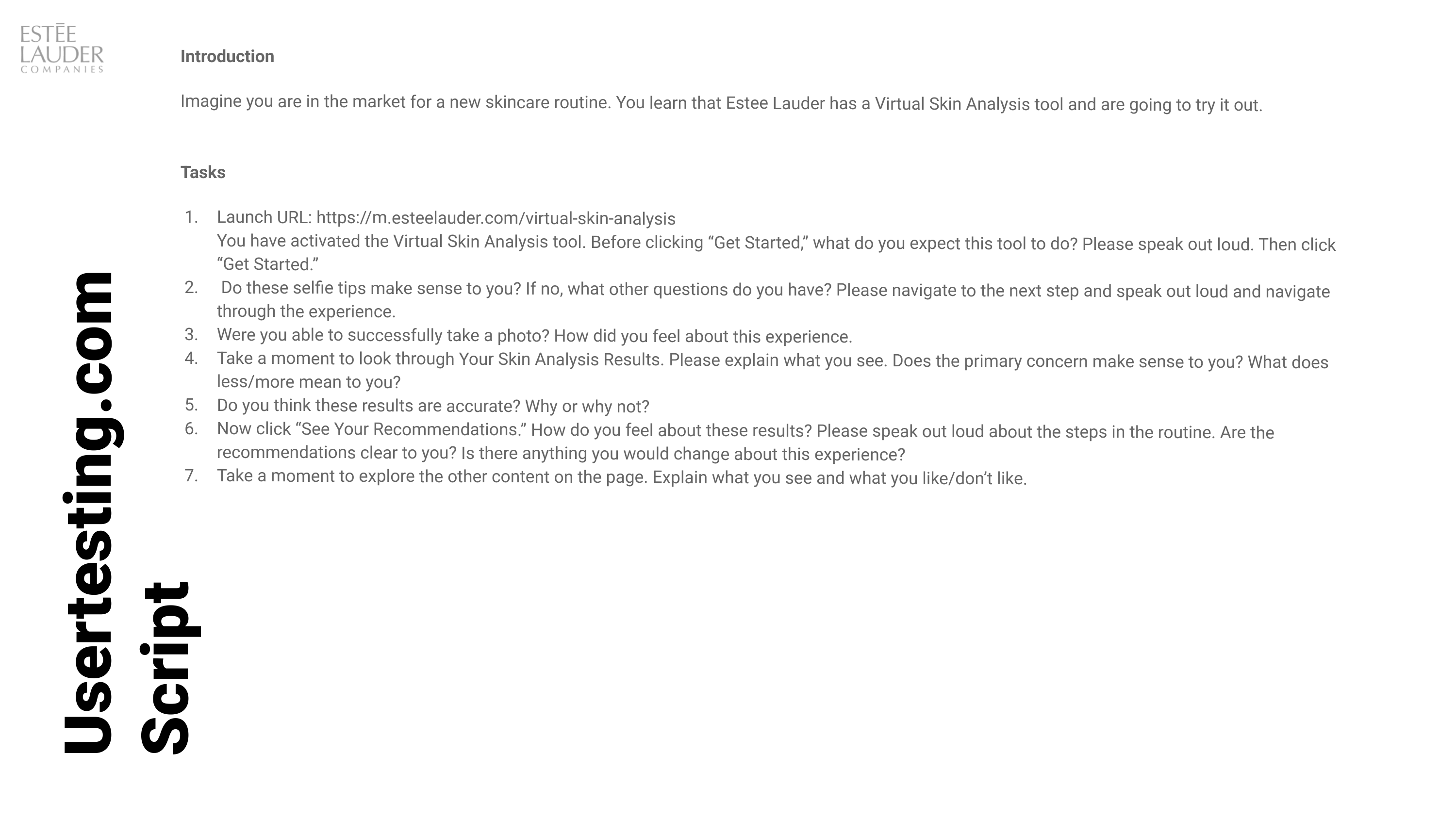 The seven-task test script, opening with an expectation-setting question before the tool is launched