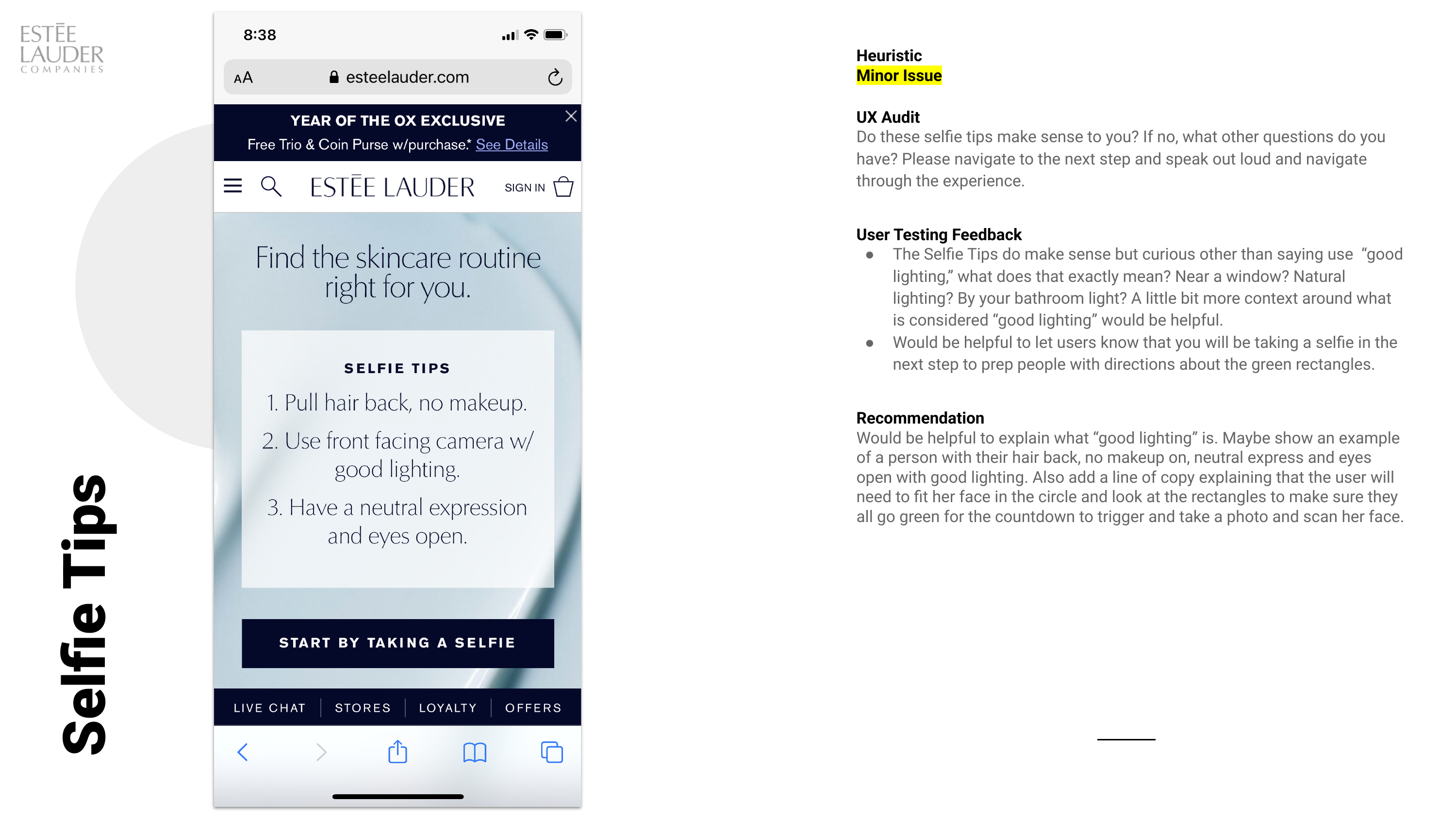 The selfie tips screen listing three preparation instructions before the scan